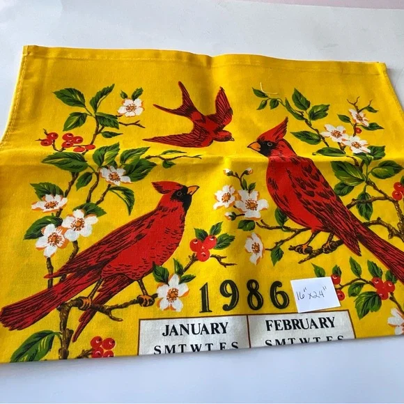 Vintage Calendar Linen Towels 1972 1986 1995 Bird Cherries Stream Covered Bridge - Picture 3 of 7